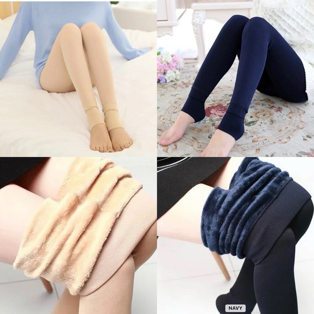 2‎ Women Thermal Leggings Warm Winter Elastic Fleece Thick Legging Beige & Navy